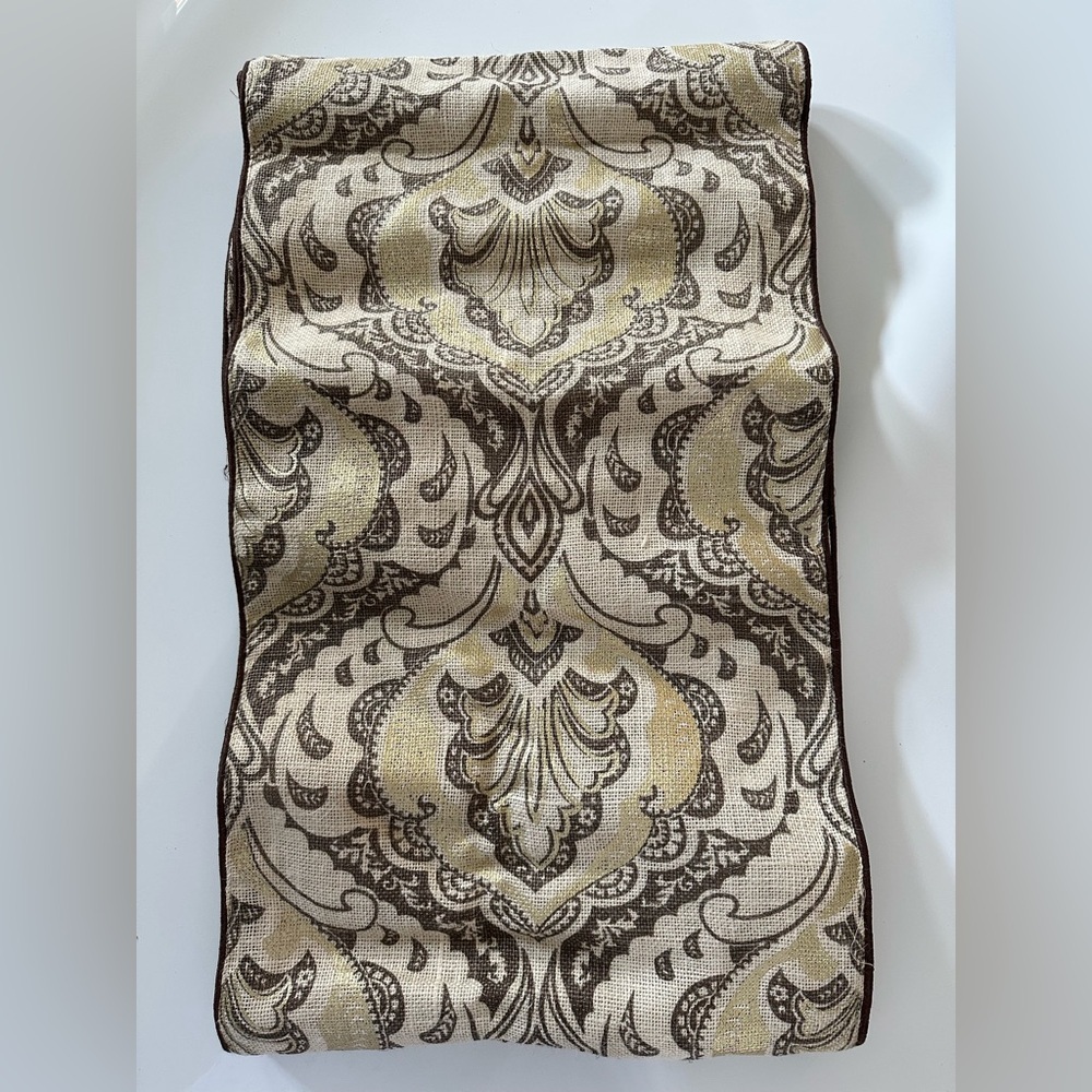 Pier 1 Imports Table Runner Center Piece Brown Gold Metallic Paisley 13.5”x70”